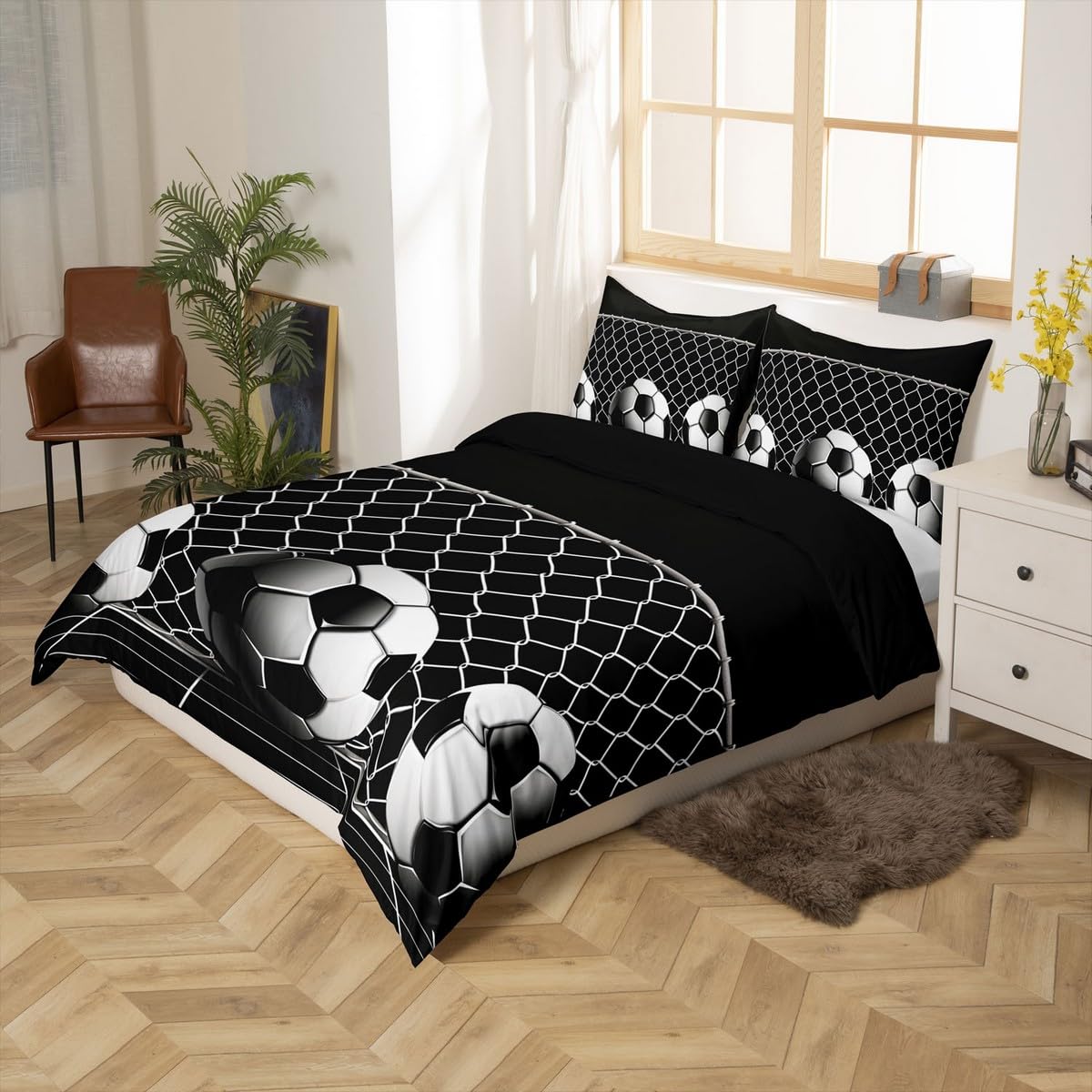 Homewish Poszewka na kołdrę do piłki nożnej podwójny zestaw pościeli na boisko do piłki nożnej dla dzieci chłopców nastolatków bramka sportowa geometria sześciokąt drużyna czarno-biała poszewka na
