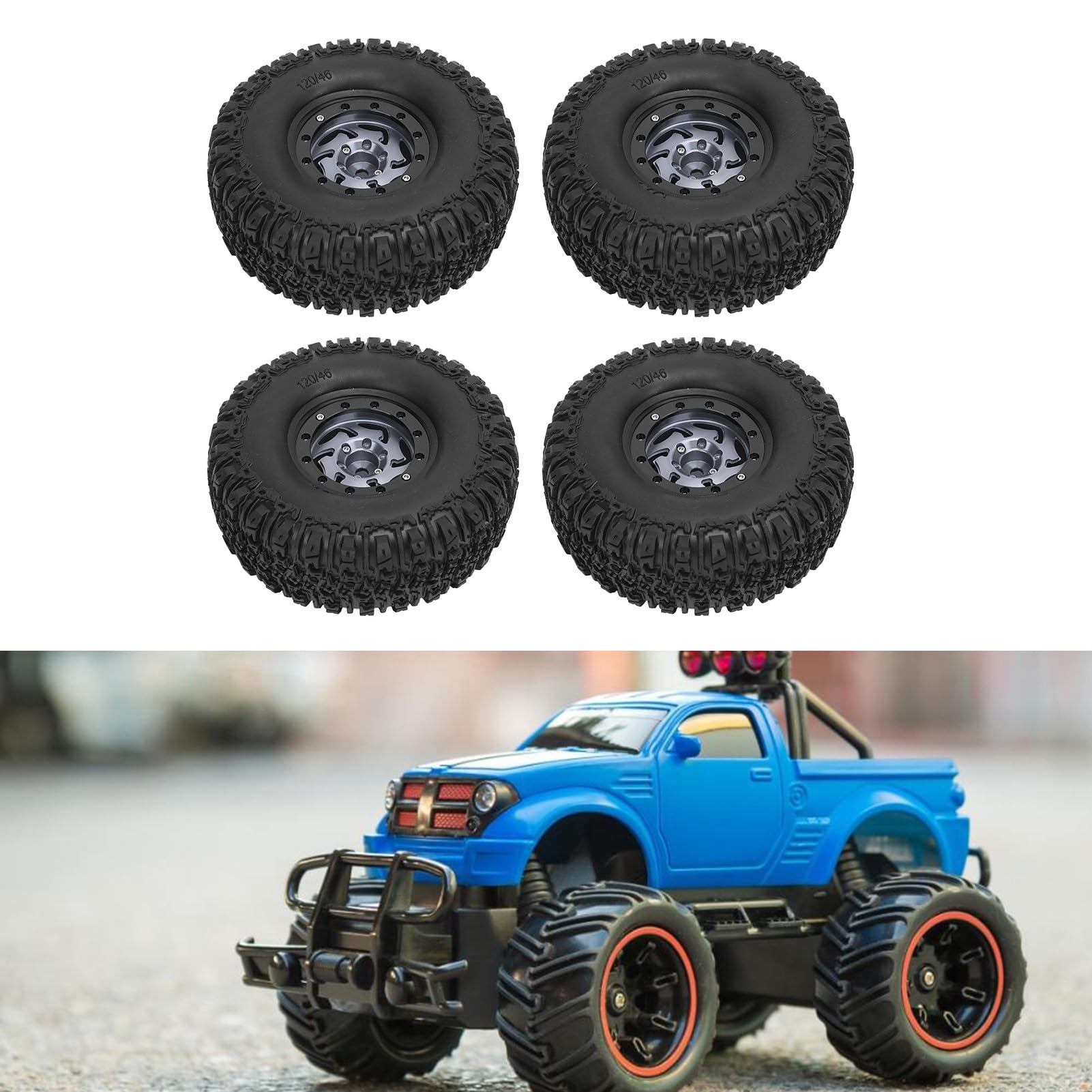 Dilwe 4-teiliges RC-Crawler-Naben- und Reifen-Set, Kratzfestes Kunststoff-Aluminiumlegierungs-Felgen-Set für RC-Autos, 120 X 46 Mm (Ti-Farbe