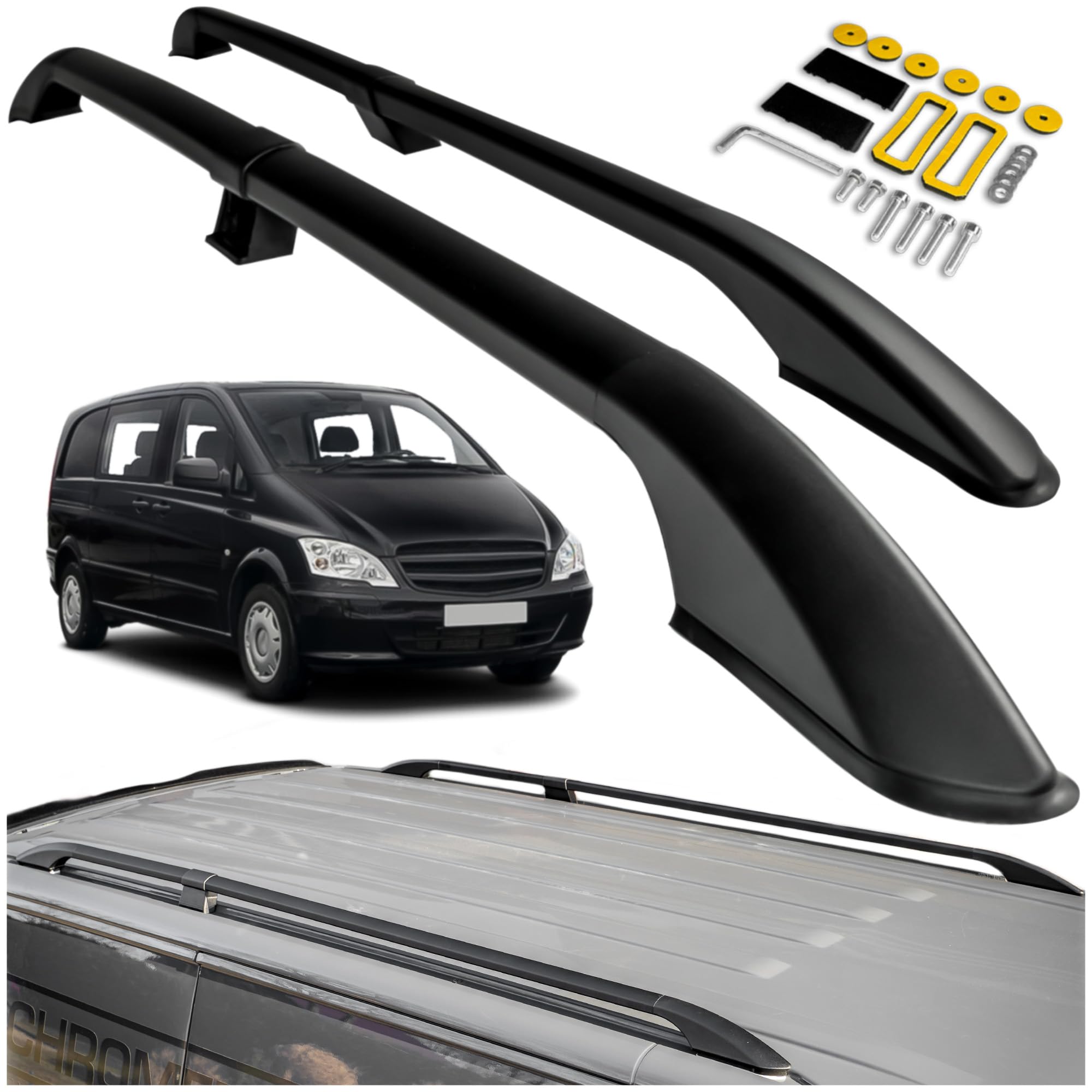 CHROMEMASTER | Compatible con Mercedes Vito Viano W639 Extra Long 2003-2014 | Barras Portaequipajes, Rieles de Techo; Se Utilizan para el Montaje de Portaequipajes de Techo, Cajas de Techo
