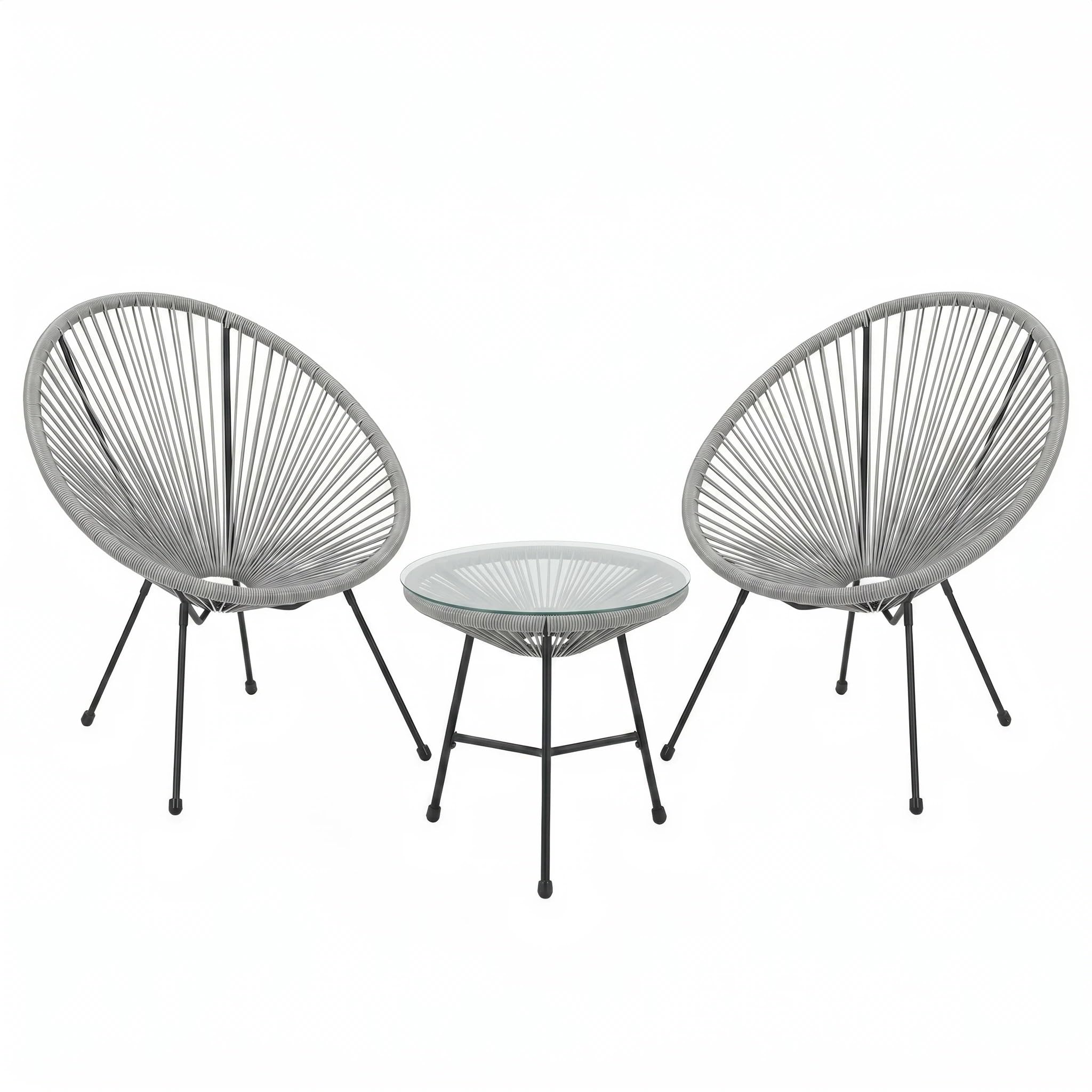 Alivio 2 Seater Acapulco Styled Chair Bistro Set with Glass Top Table, Outdoor Garden Furniture Set, PE Rattan Patio Chairs, Weather Resistant Conservatory Balcony Seating, Grey