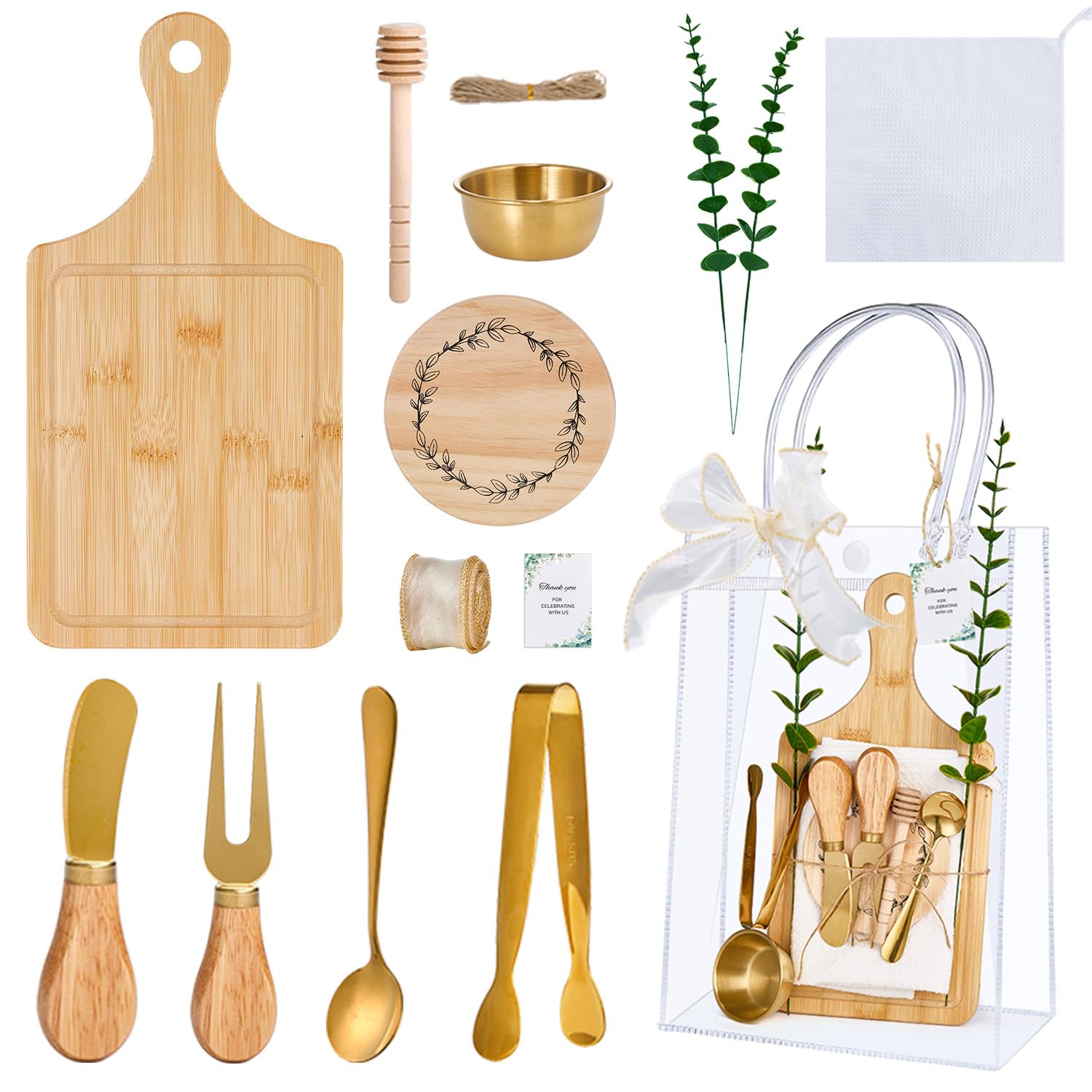 Baby Shower Prizes for Game Winners 1 Sets Cheese Board Honey Dipper Charcuterie Utensils Set Towel Thank You Card and Gift Bags for Baby Shower Wedding Bridal Shower Favors (1 Set-Bamboo, Golden)