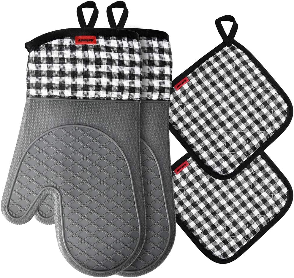 Ankway Oven Mitts and Pot Holders Sets, Kitchen Counter Safe Trivet Mats Advanced Heat Resistant Oven Mittens, Non-Slip Textured Grip Potholders for Thanksgiving Pack