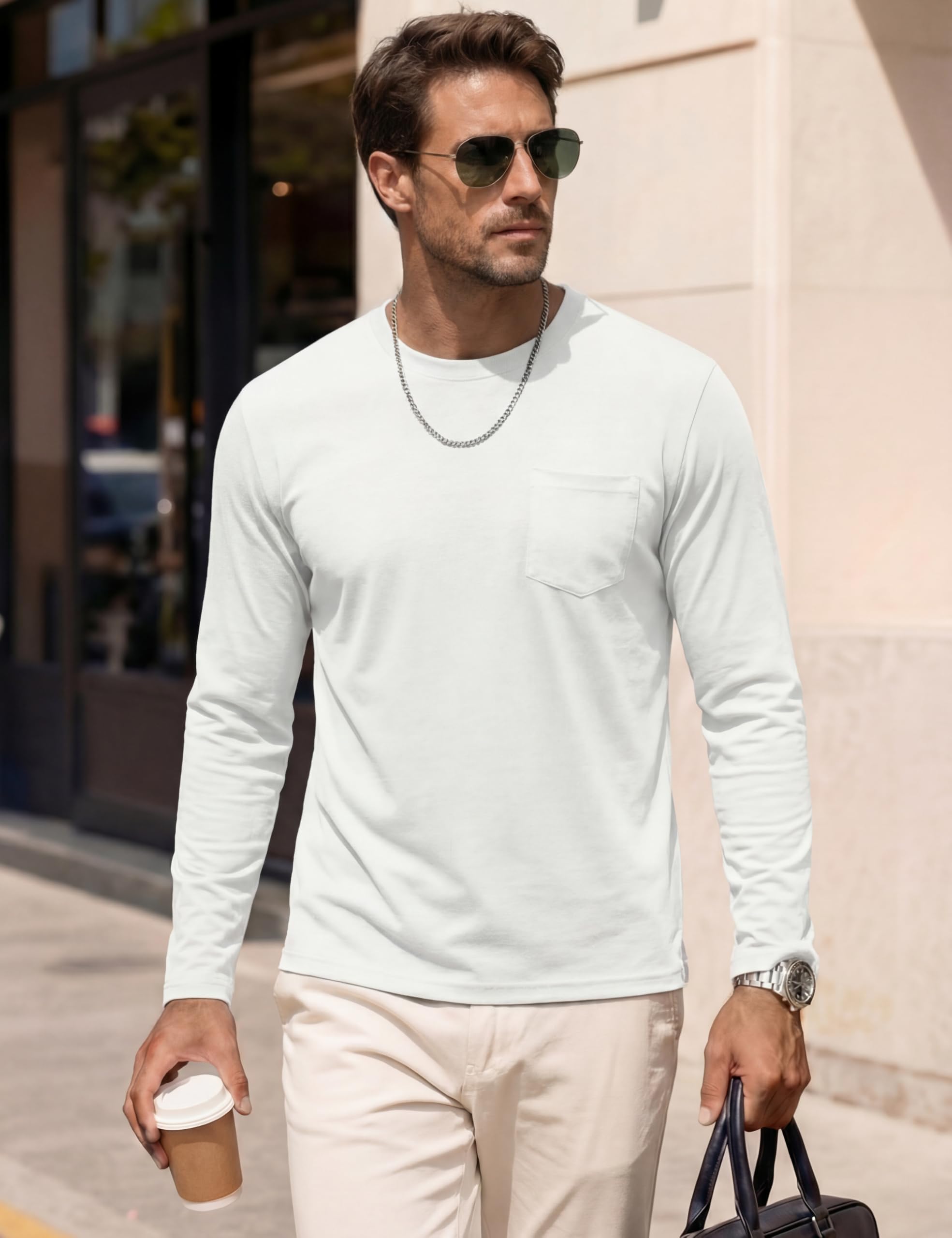 Cavva Camiseta de manga larga para hombre, de algodón, con bolsillos, básica, cuello redondo, manga larga, para otoño