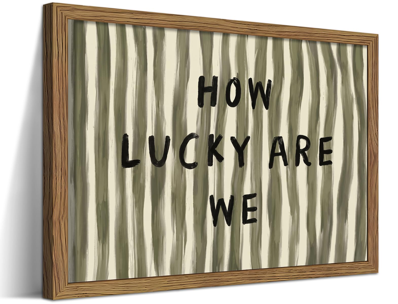How Lucky Are We Wall Art, Vintage Sage Green Striped Canvas Wall Decor Painting, Inspirational Quote Trendy Artwork Prints Pictures for Living Room Bedroom 16x24 Inch Wood Framed