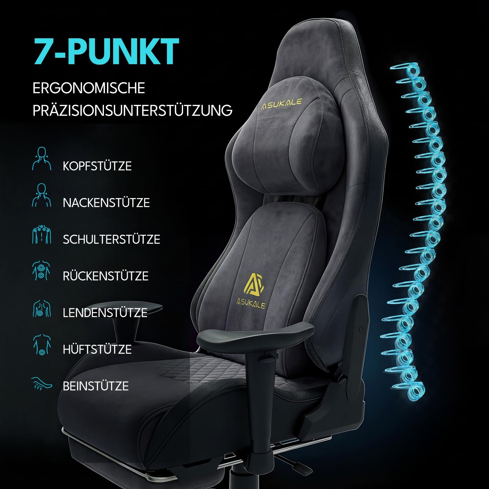 Gaming Stuhl | Ergonomischer Bürostuhl mit Fußstütze, Kopfstütze, 90-155° Rückenlehne, Wildlederimitat