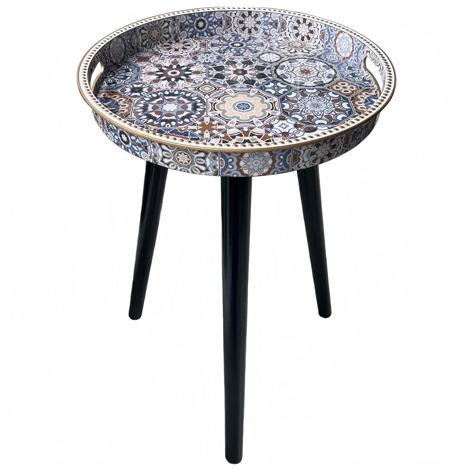 Simmer Stone Round Indoor Side Tables with Detachable Wooden 3 Legs, Versatile Tray Table, Perfect For Round Coffee Table Tea, and Relaxation Time 17.7 Inch (Dot Bohemia)