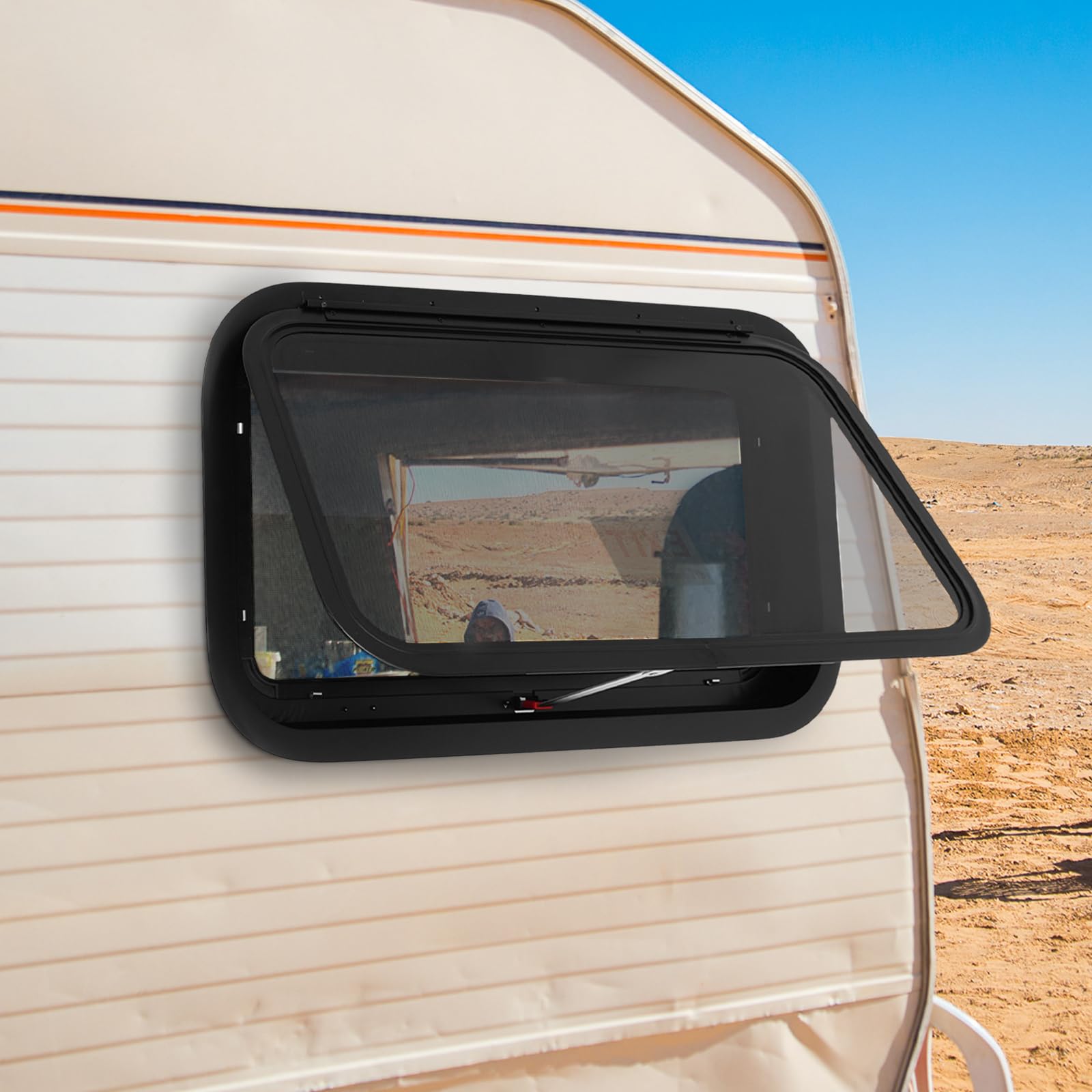 Ventana de caravana con soporte, ventana de autocaravana con vidrio templado y marco de aluminio, apertura de 15°, ventana corrediza oscurecida para autocaravana, camper, furgoneta y remolque (700