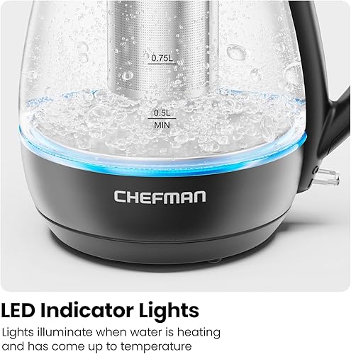 Miniatura 7 de Chefman Hervidor eléctrico con infusor de té, 1 litro, 1500 W, tapa extraíble para una fácil limpieza, protección contra hervido y seco, filtro de