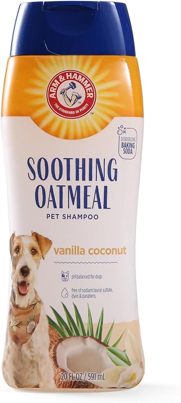Champú calmante para perros con avena Arm & Hammer, aroma a vainilla y coco, 20 onzas líquidas | Fórmula de bicarbonato de sodio, avena hidratante, aroma de vainilla y coco, pH equilibrado para pieles secas.