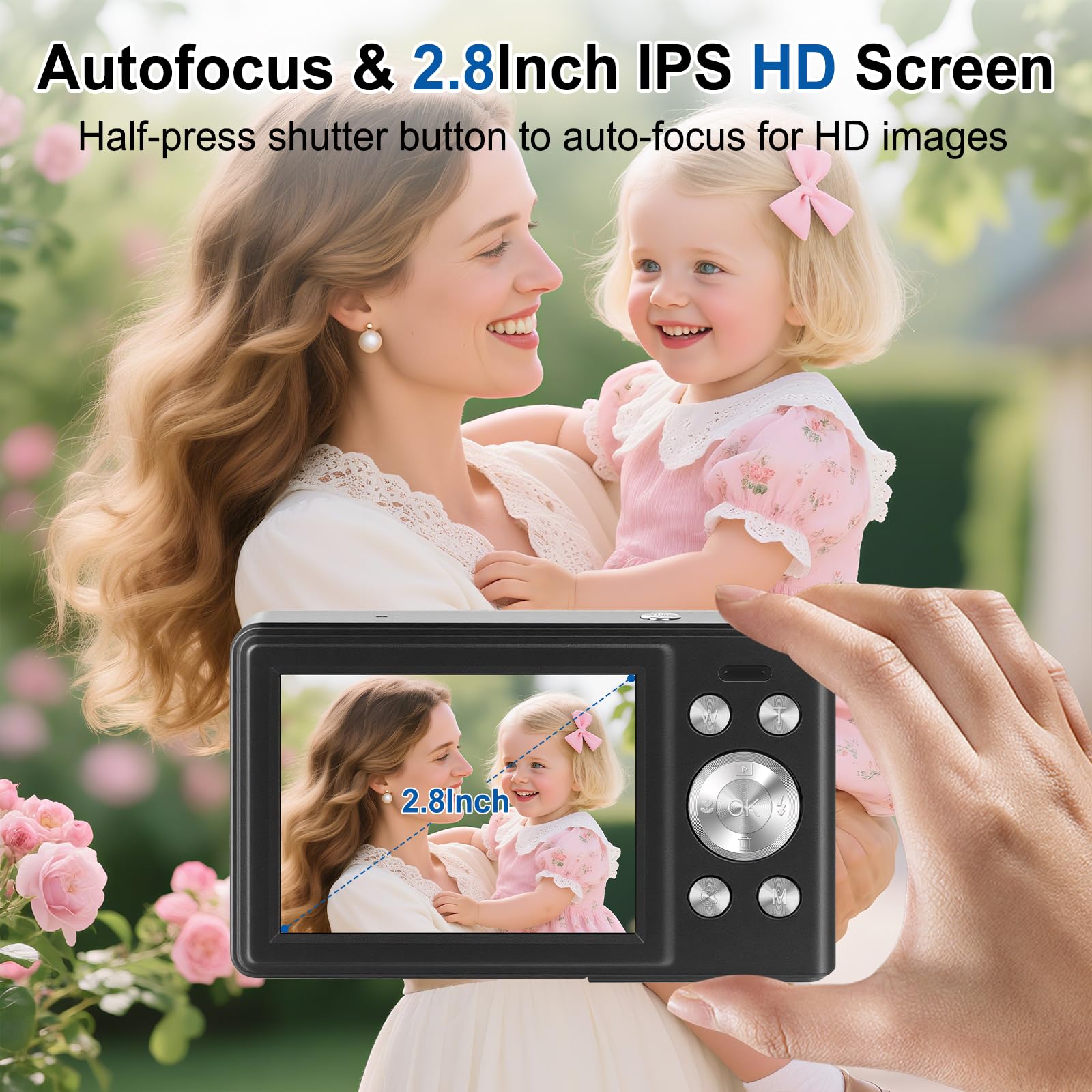 Cámara Digital 56MP 1080P FHD con Autofoco, Zoom Digital 16X, Pantalla LCD 2.8", Tarjeta SD 32GB y 2 Baterías - Cámara Compacta Portátil para Niños, y Principiantes (Negro-1.)