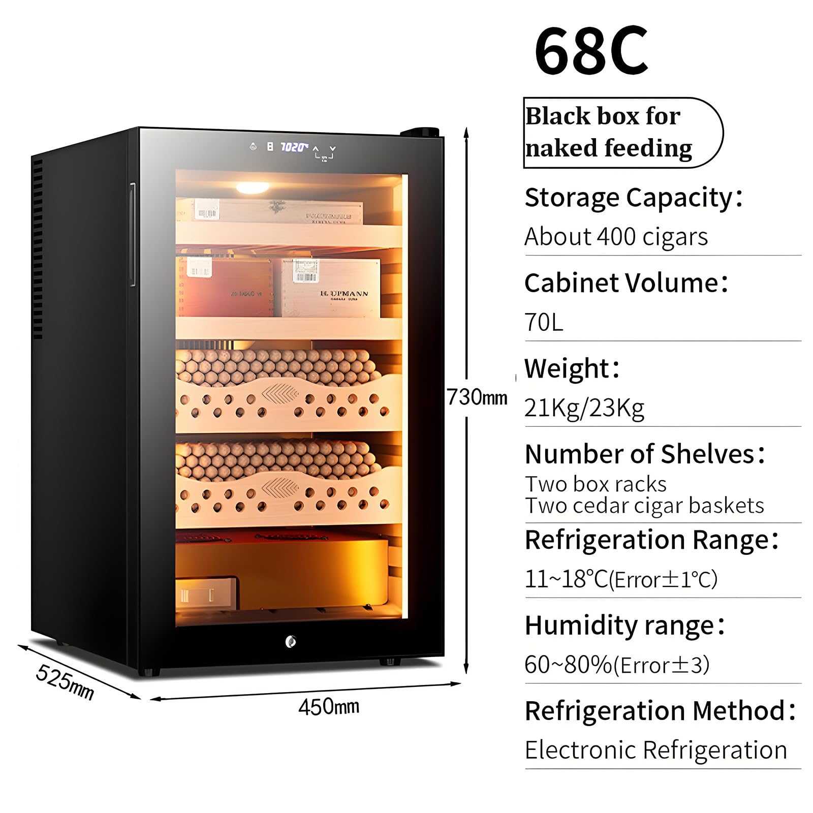 Elektrischer Humidor mit spanischer Zeder, Kapazität von 400 Zigarren, präzise Temperatur- und Feuchtigkeitskontrolle, ideal für Sammler und Kenner, 70L Design