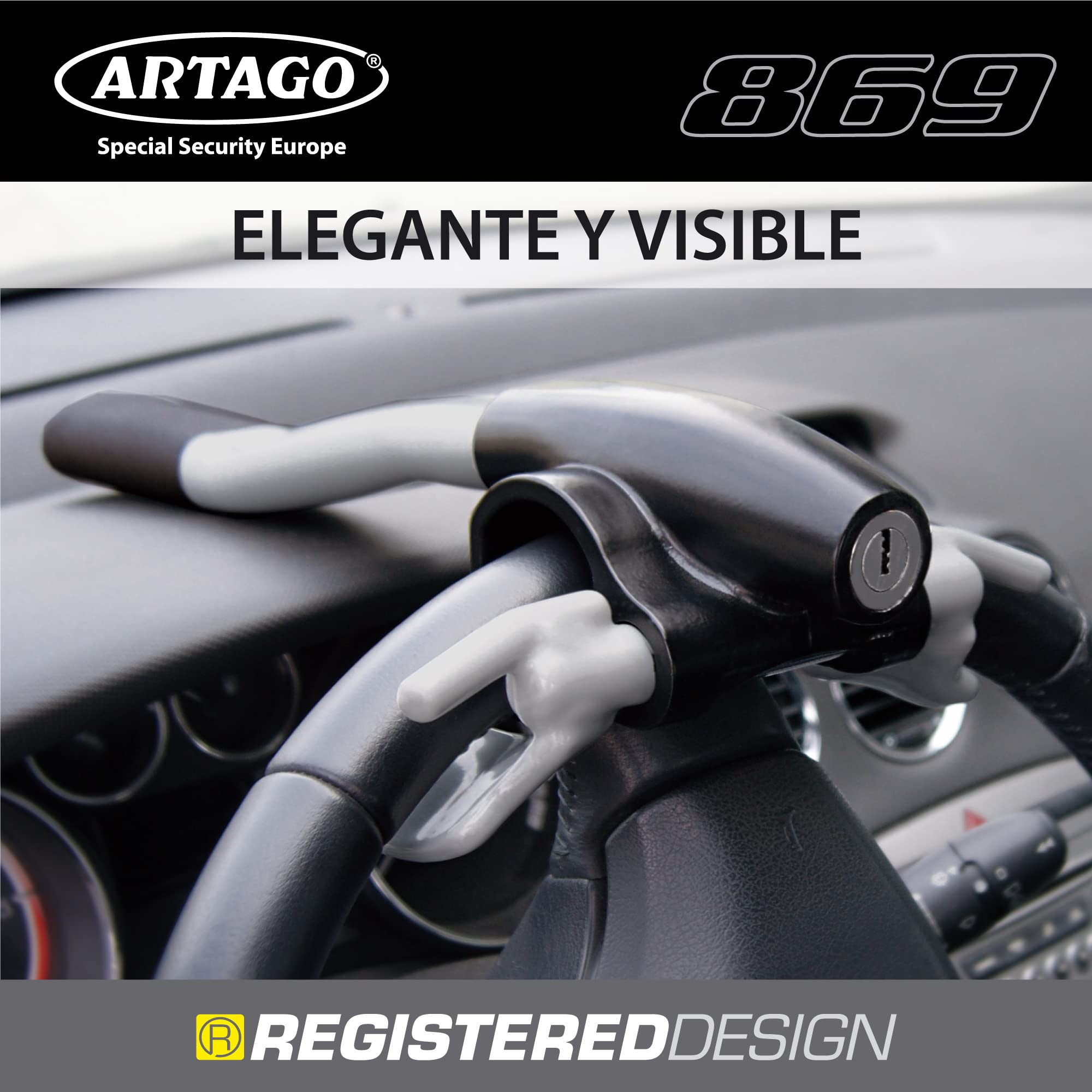 ARTAGO 869 Antirrobo Coche Alta Gama, Bloqueo Volante Más Seguro Alrededor del Radio, Cierre Alta Seguridad Press & Click Más Práctico, Cepo Barra Universal para Auto SUV Camper Autocaravana