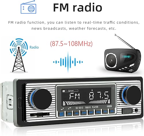 Miniatura 4 de Radio clásica para automóvil DIN con Bluetooth para automóvil, radio FM estéreo para automóvil, llamadas manos libres, puerto USBSDAUX, reproductor