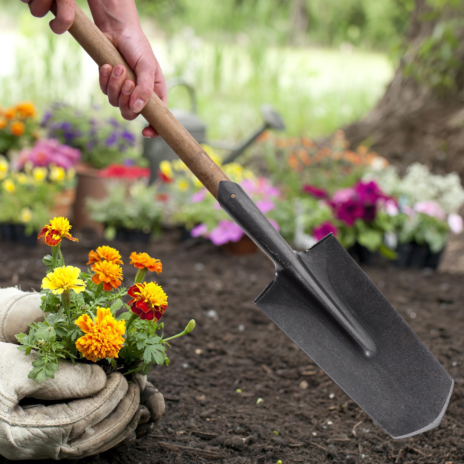 Mikikit Gartenschaufel aus Manganstahl mit Schmaler Spitze und Stiel Multifunktionales Gartenwerkzeug zum Pflanzen und Umpflanzen im Außenbereich