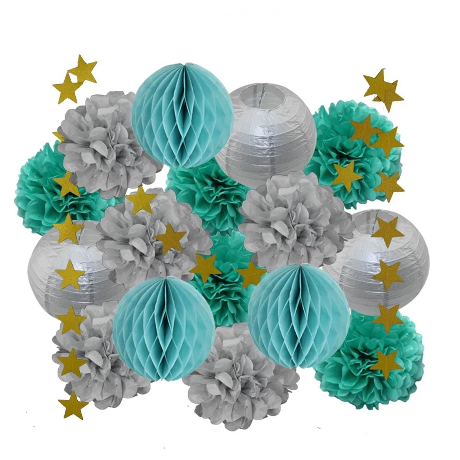 Paper Pom Poms Wedding Ceremony Events Decor Gold Paper Lanterns Honeycomb Red Tissue Pompom for Party Supplies(Silver Mint)