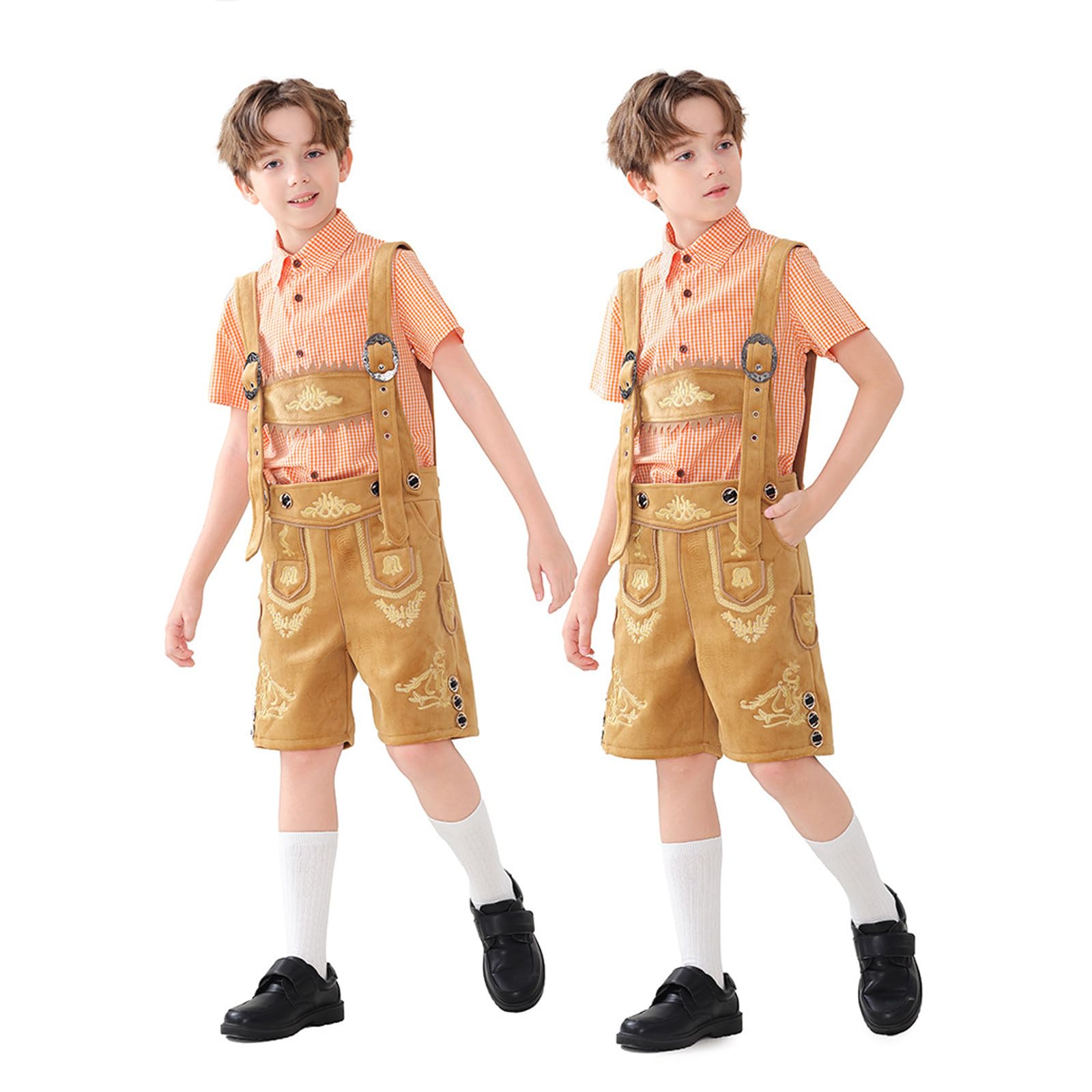 Trachtenset für Jungen, kurze Lederhose mit Träger + kariertes Kurzarm Hemd, Stickerei Lederhose, Oktoberfest Kostüm Set für Kinder Bierfest