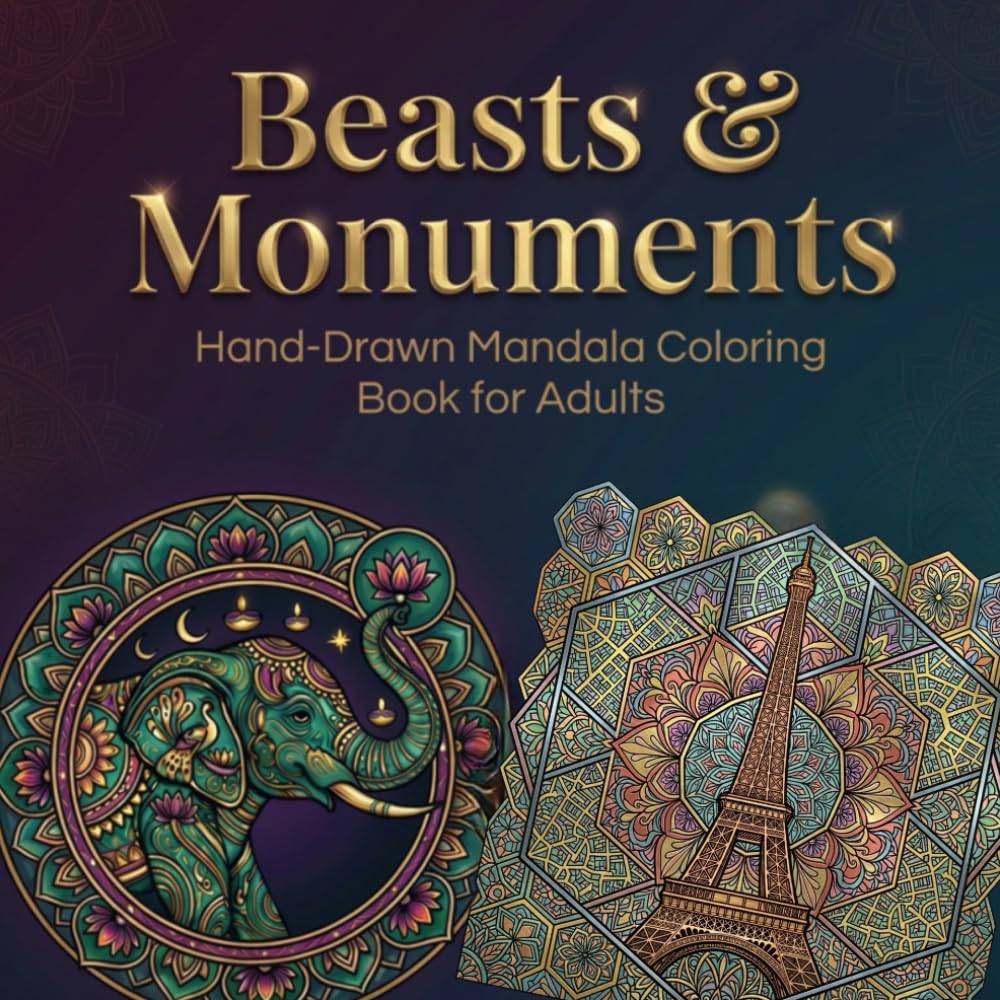 Beasts & Monuments: Hand-Drawn Mandala Coloring Book for Adults Featuring Intricate Animal and World Monument Designs for Stress Relief and Relaxation