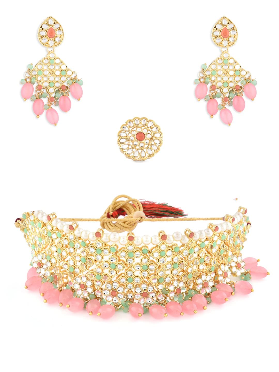 ZAVERI PEARLS Pink & Green Stones & Beads Drop Floral Kundan Choker Necklace Earring & Ring Set For Women-ZPFK14718 (B0BDG8SB7W) Amazon Price History, Amazon Price Tracker