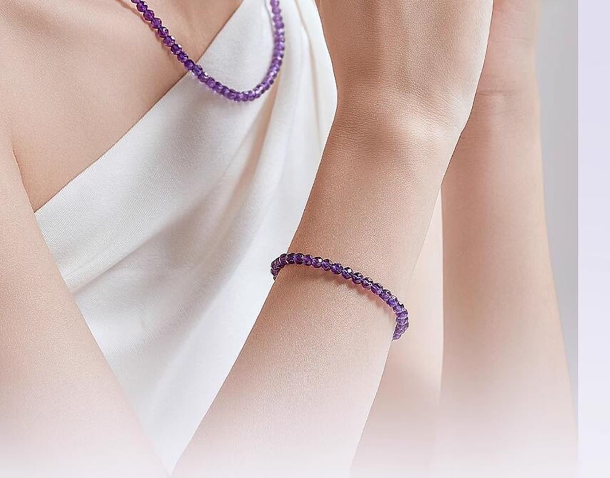 Armbänder Damen Freundschaft, Armkette Damen Boho mit 4 mm Natürlichen Amethystperlen Gelbgold