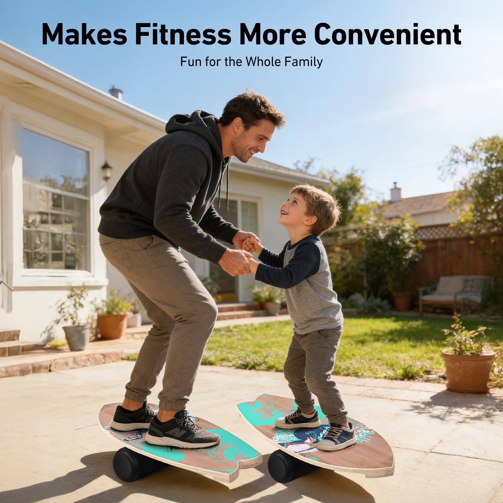 Surf Balance Board Erwachsene Kinder, Holz Wackelbrett 150kg | Holz Balance Board 75x28cm | 150kg belastbar | Mit Rolle & Ständer | Rutschfest | Surf Ski Skate