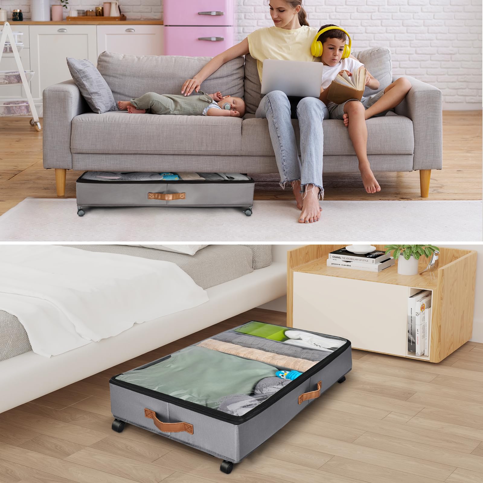 2 Piezas Organizador Ropa, Caja de Almacenamiento Debajo de la Cama Con Ruedas Giratorias de 360°, Cajas Almacenaje Ropa con Ventana Transparente Para Ropa, Zapatos y Mantas