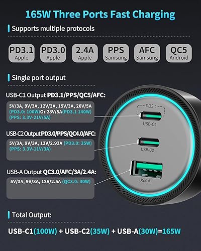 Miniatura 3 de Cargador de coche de 165 W para portátiles, PD3.1 140WPD3.0 100 W USB C cargador de coche, cargador USB de carga súper rápida con cable de 240 W