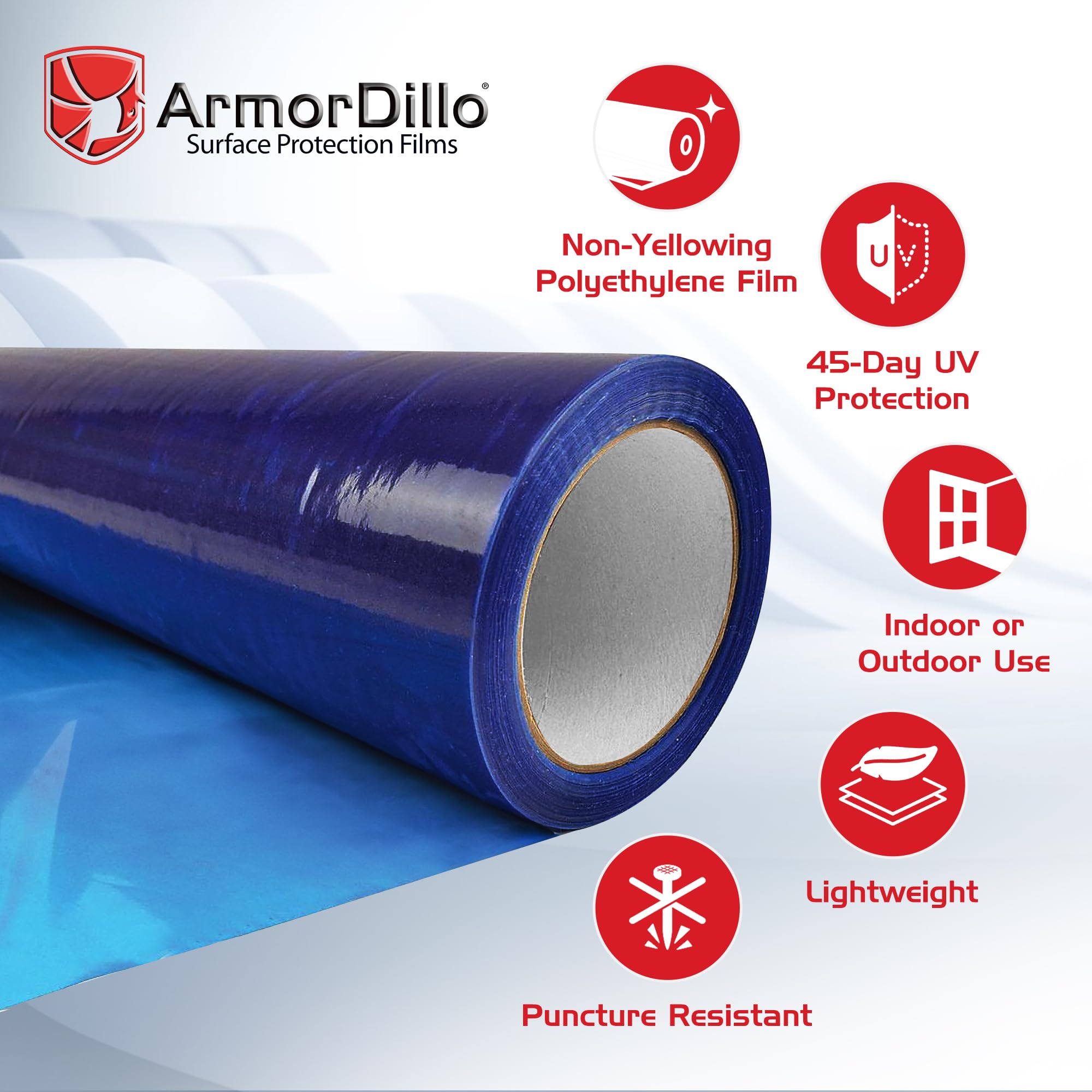 ArmorDillo 5 rollos (1 funda, 29.96/rollo) 24 pulgadas x 200 pies película protectora azul para ventana de vidrio con cuchillo de uso gratis, película adhesiva para protector de ventana, película de