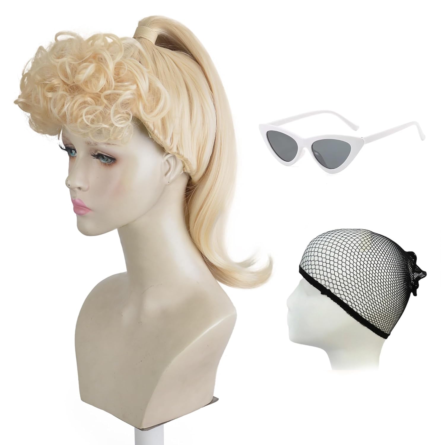 Blonde Wig for Women, Long Blonde Ponytail Wig with Curly Bangs, Blonde Pigtails Wig with White Sunglasses for Party Costume Halloween Cosplay(Adult) Normal Size