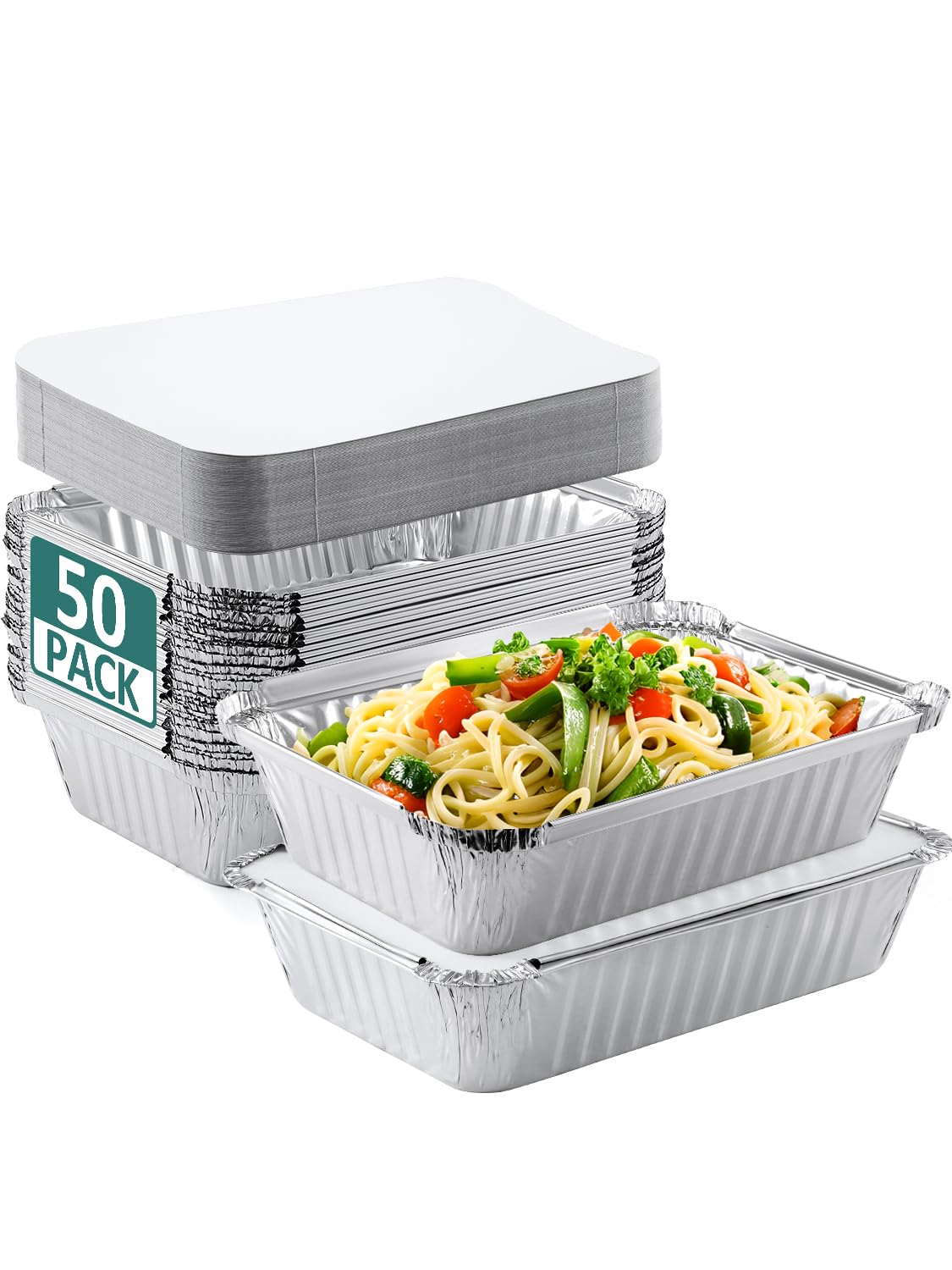 NEEBAKE 50 Pack 8x6 Disposable Aluminum Pans with Lids Aluminum-Foil-Pans-Tin-Foil-Baking-Pans-Tin-Trays-Food-To-Go-Containers-for-Meal-Prep-Cooking-Roasting-Heating-Takeout