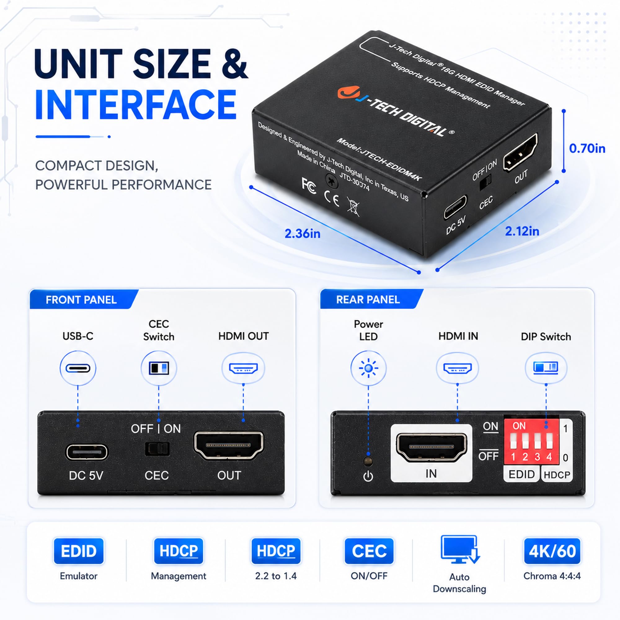 Emulador HDMI EDID HDCP Manager 4K60Hz Auto Downscaling, 8 modos EDID y ajustes EDID personalizados, alimentación por USB C o HDMI, soporta encendido/apagado CEC por J-Tech Digital [JTECH-EDIDM4K]