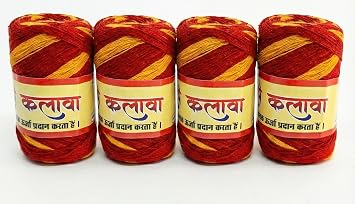 Kalava Moli Mauli Sacred Hindu Ritual Thread 100% Cotton Red & Yellow Wrist Band for Puja, Havan, and Festivals Pack of 4 Rolls