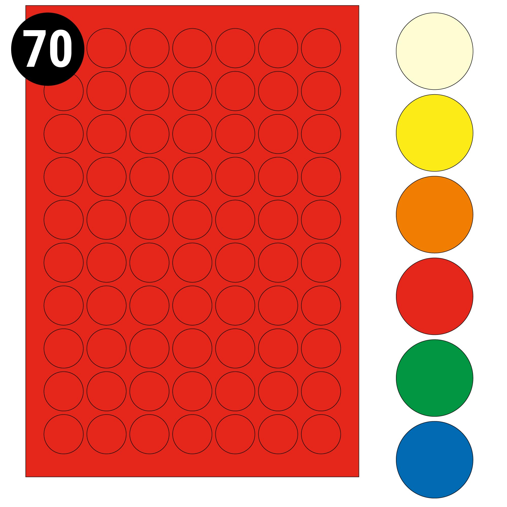 L&B Colour Range - Round Labels โ 10 Sizes & 7 Vibrant Colors โ A4 Sheet โ Compatible with Laser & Inkjet Printers (Red, 25mm 70 Labels Per Sheet 50 Sheets)