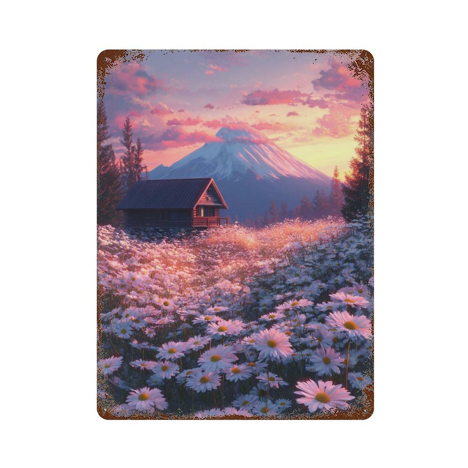 Rusty Metal Tin Sign with Mountain Cabin Sunset Daisies Design 15.7"x11.8", for Shed, Workshop And Garage Wall Decor, Classic Wall Plaque