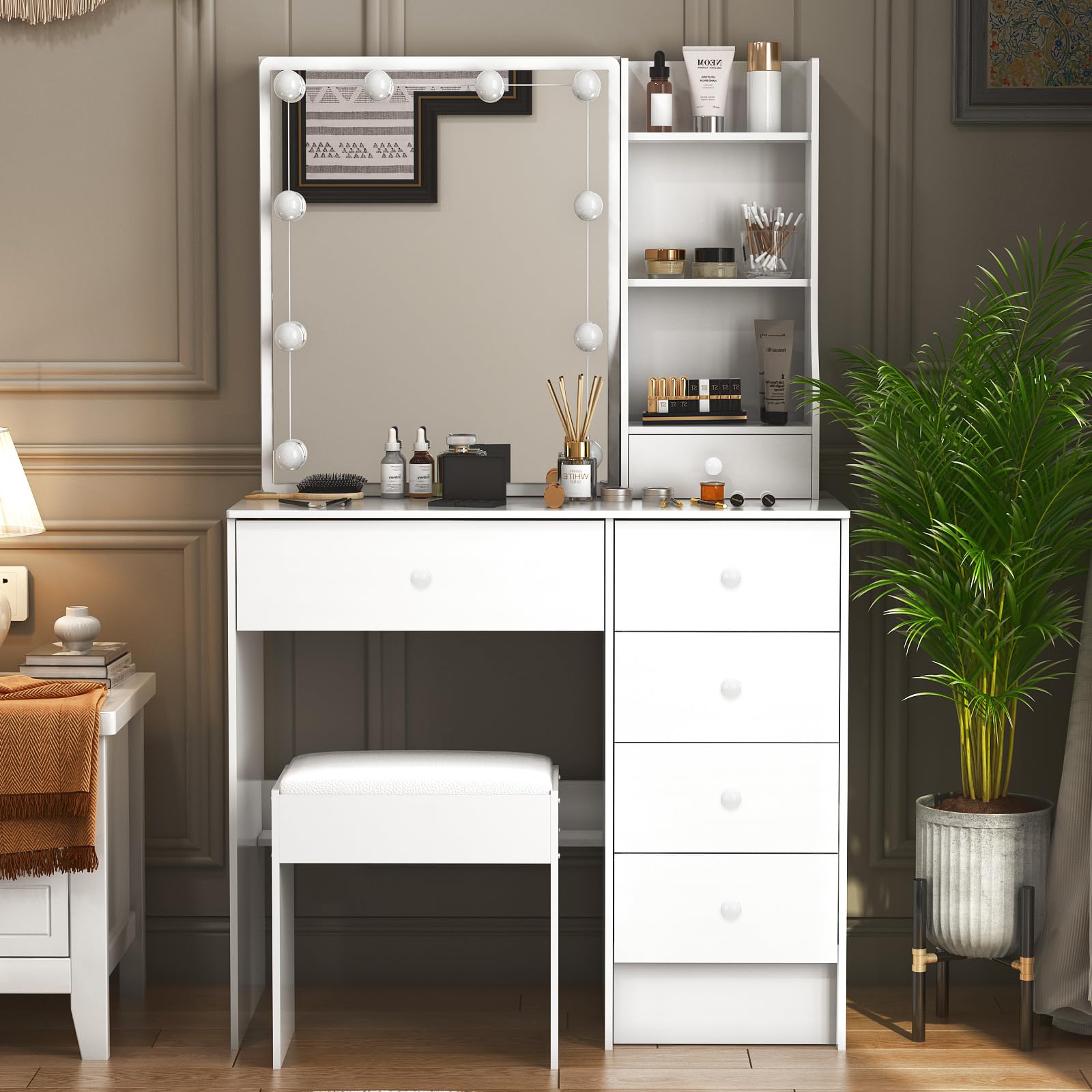 Toeletta Trucco con Specchio e Sgabello, Postazione Make-up Robusta con Luci Dimmerabili e Guida Video, Scrivania da Trucco con 6 Cassetti e 6 Ripiani, Bianco, 36×80×131 cm, H411226
