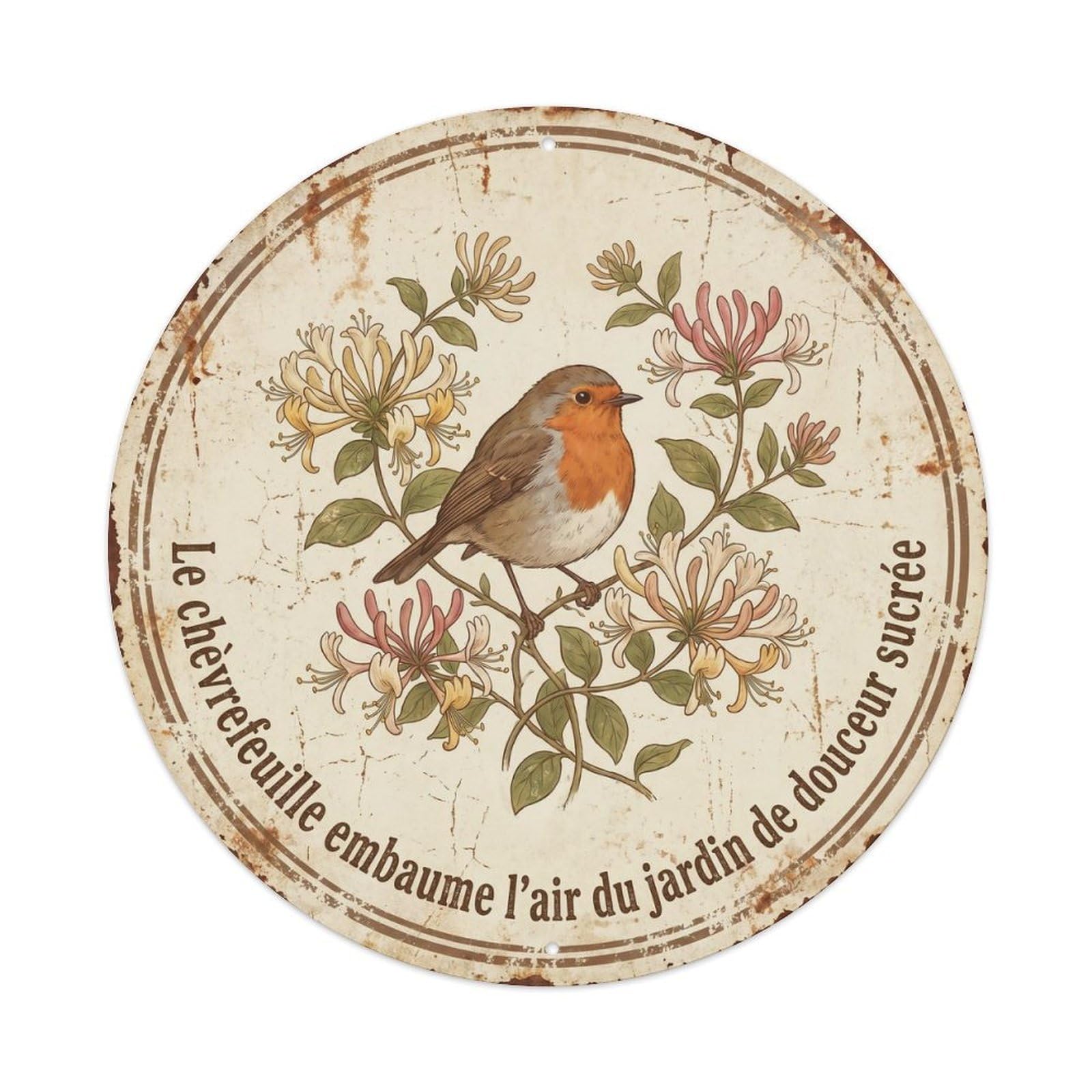 Robin Bird Garden Quote Honeysuckle CircleMetal Tin Sign