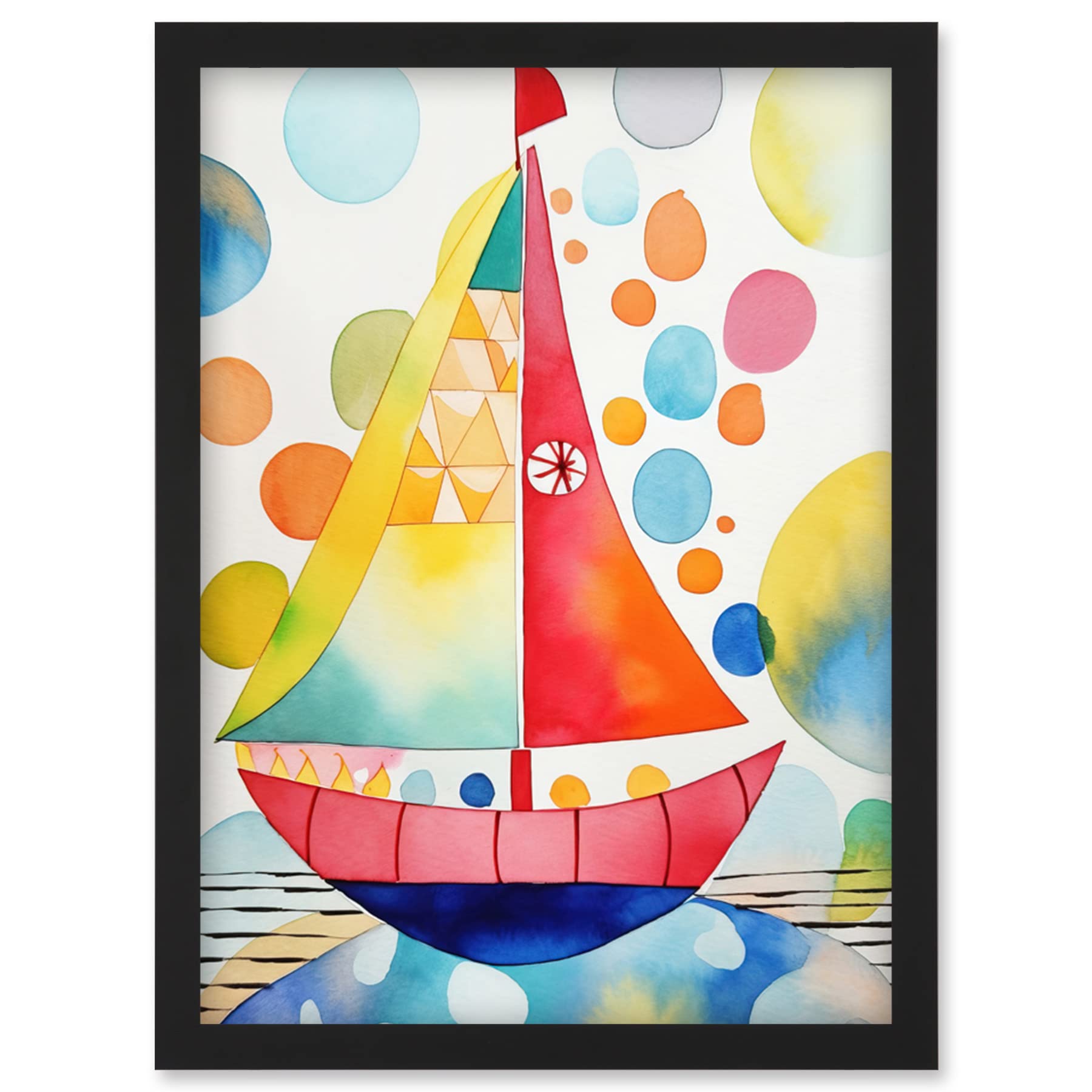 Artery8 Sailboat At Sunset Folk Art Artwork Framed Wall Art Print A4