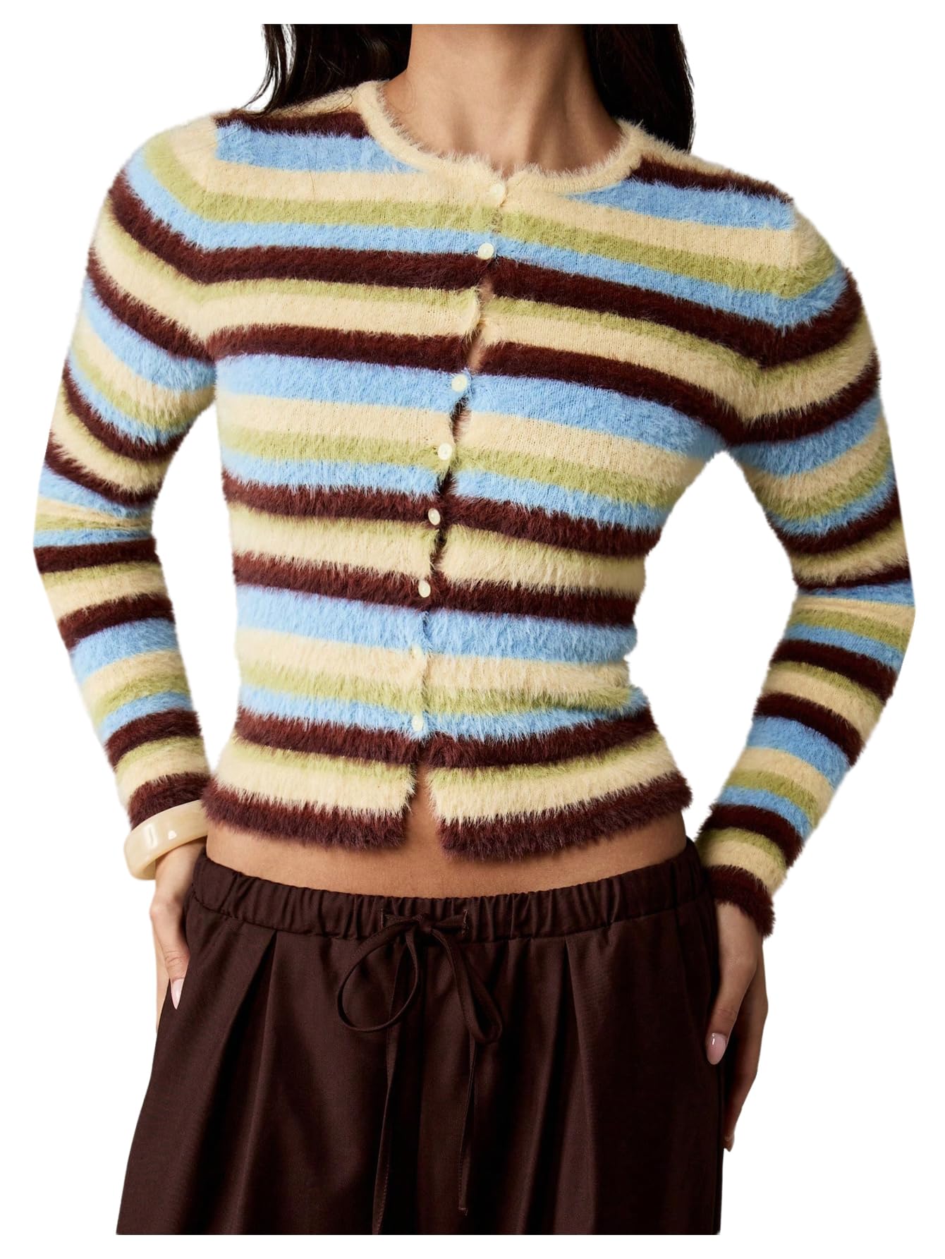 MakeMeChic Womens Striped Fuzzy Sweater Cardigan Button Down Long Sleeve Outerwear