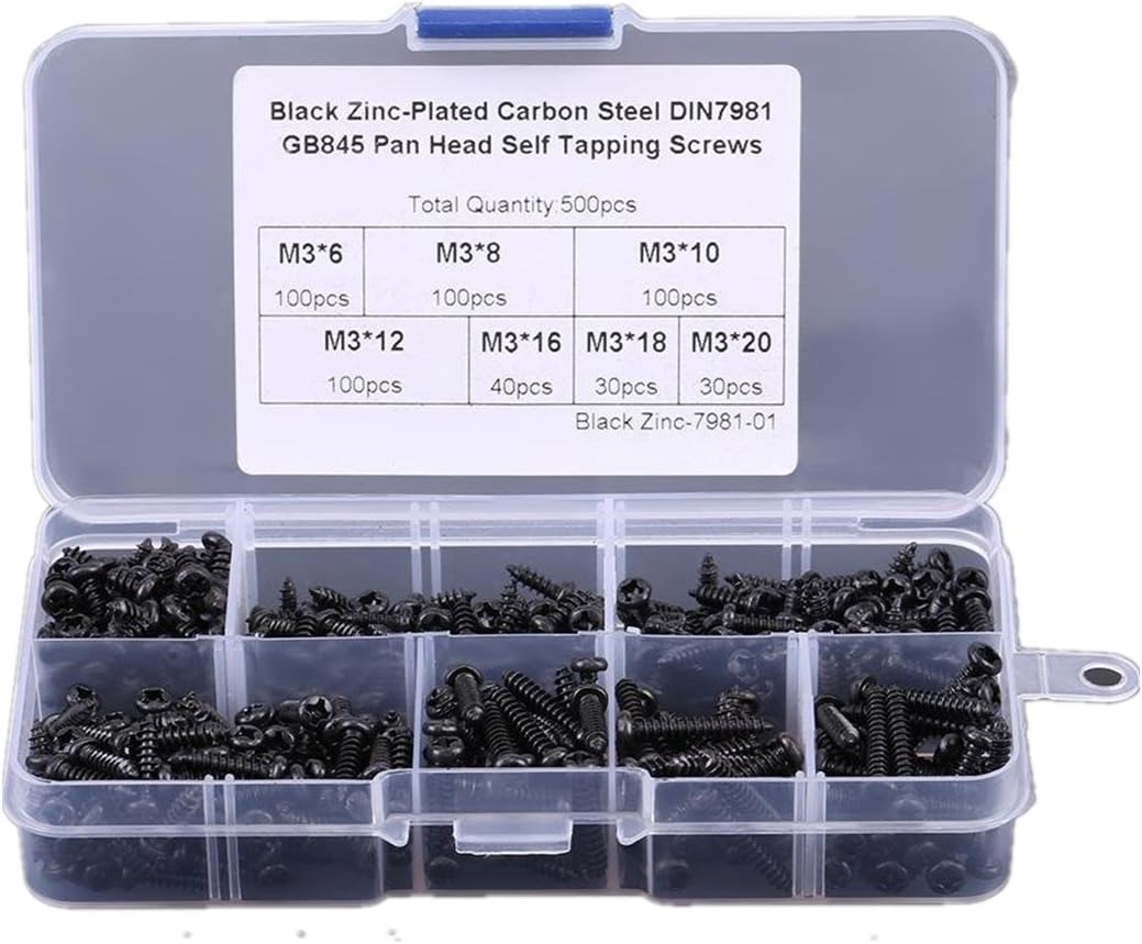 Evwoge 500pcs/Set M3=3MM Diameter Phillips Pan Head Screws Self Tapping Drilling Screws Assortment Kit Carbon Steel 6mm 8mm 10mm 12mm 16mm 18mm 20mm Length