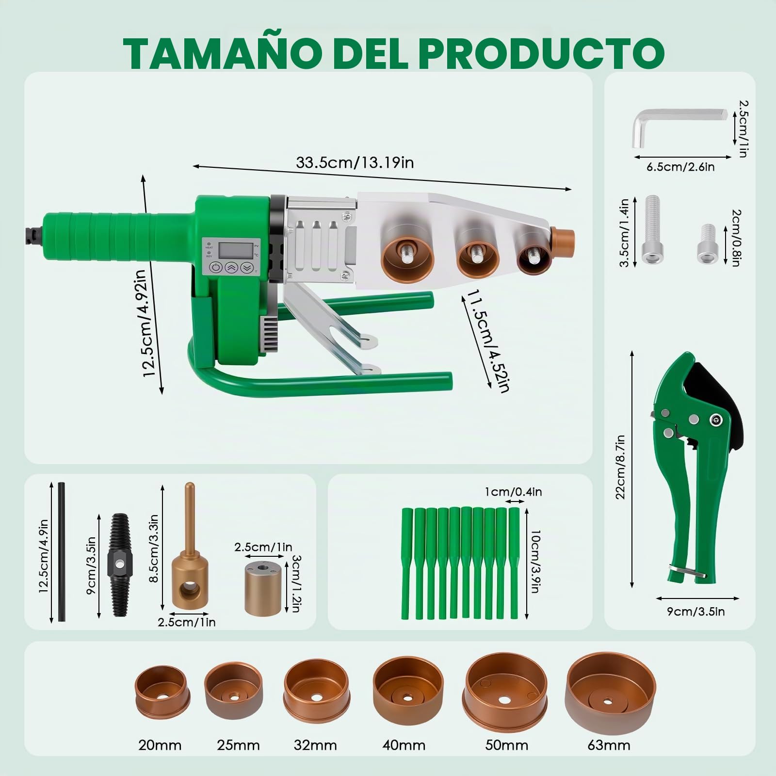 Máquina Soldadura Por Fusión Socket, Máquina Soldadura Para Tubos Ppr 2000W Para Tubos Plástico ø20–63Mm Con Pantalla Digital Soldadora Para Tubos Ppr/Pb/Pe/Pert 150 °C–400°C