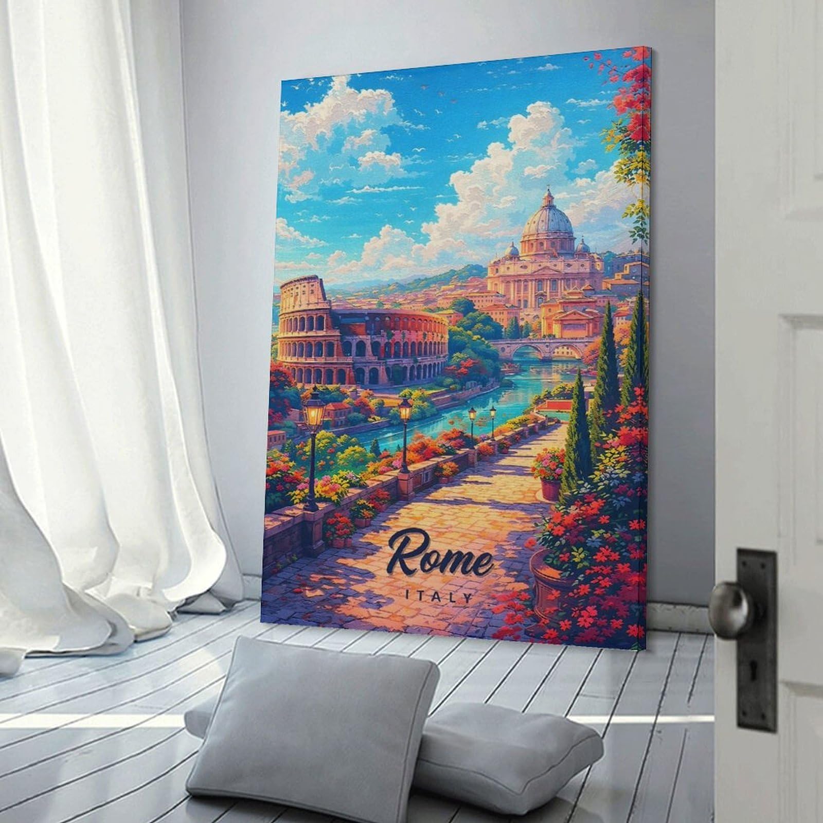 Junmoney Canvas Wall Picture Vibrant Rome Cityscape with Colosseum And St. Peters Basilica, 12x18inch(30x45cm), for Sofa Walls, Lounge Or Home Corners, Canvas Styling for A Polished Room Look
