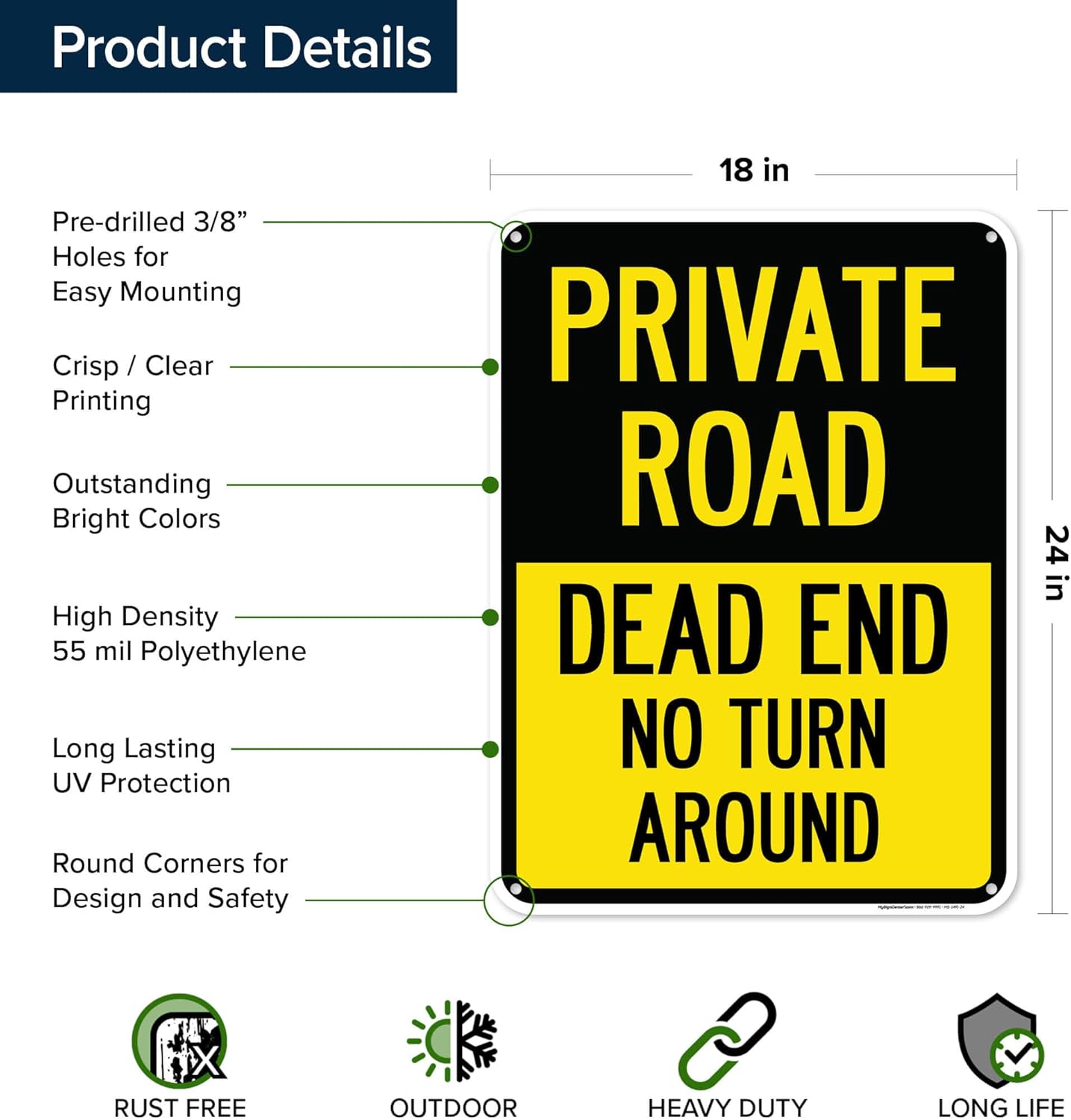 Private Driveway no Turnaround Sign No Turn Dead End Sign, 18"x24" Polyethylene, Indoor/Outdoor Use, USA MADE By My Sign Center