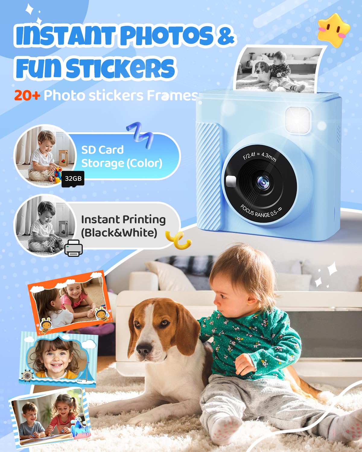 TIATUA Macchina Fotografica Bambini Istantanea, 2.4 Pollici 1080P Fotocamera Digitale Bambini con 32GB Scheda & Papier Photo, Regalo di Natale per Bambini dai 3-12 Anni