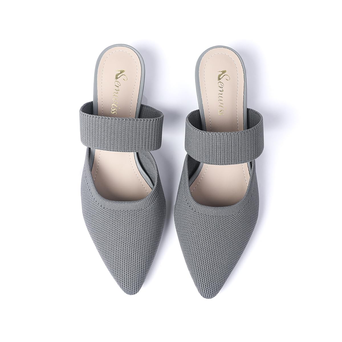 Semwiss Pointed Toe Mules for Women Chunky Low Heeled Sandals Breathable Backless Mesh Knit Slip on Loafers