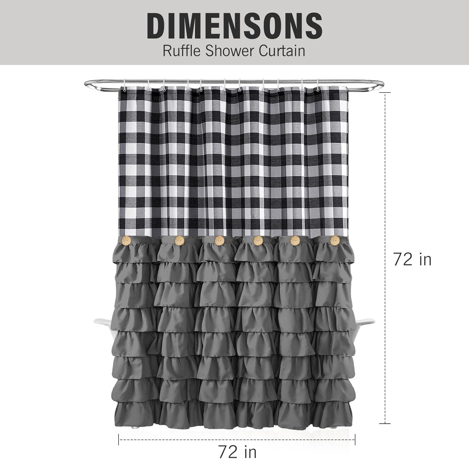 Seasonwood Farmhouse Shower Curtain Grey Shower Curtain with Button Bathroom Decor Black Buffalo Plaid Pattern with Fabric Ruffles Waterproof with 12 Hooks Washable Durable 72"x72"