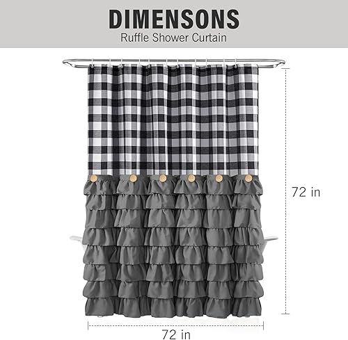 Miniatura 5 de Cortina de ducha rústica Seasonwood de granja, cortina de ducha gris con botón, decoración de baño, patrón de cuadros de búfalo negro con volantes