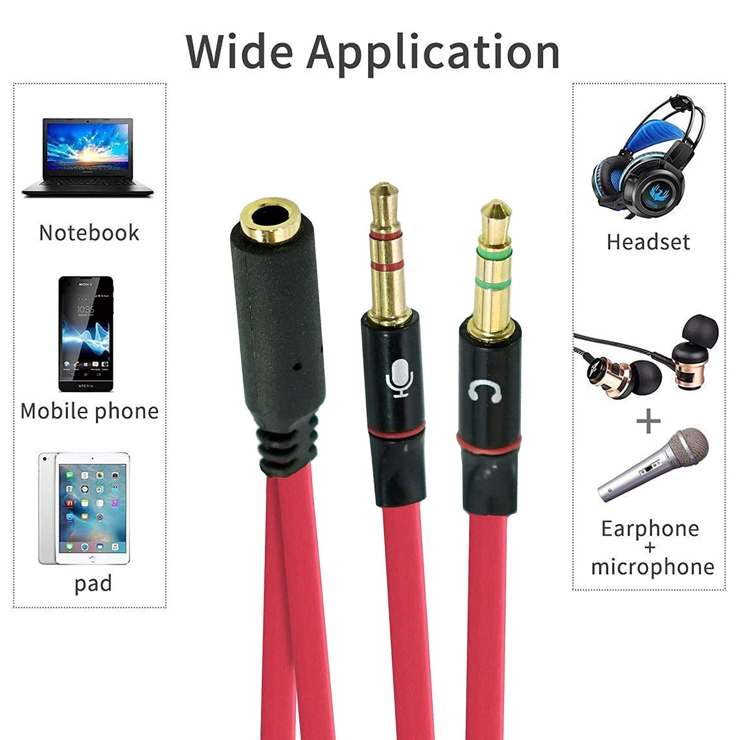 SaiTech IT Y-Splitterkabel für Kopfhörer, 2 Stecker auf 1 Buchse, 3,5 mm, für Kopfhörer, Mikrofon, Audio, Y-Splitterkabel für PC, Laptop, 20 cm, Rot, 2 Stück