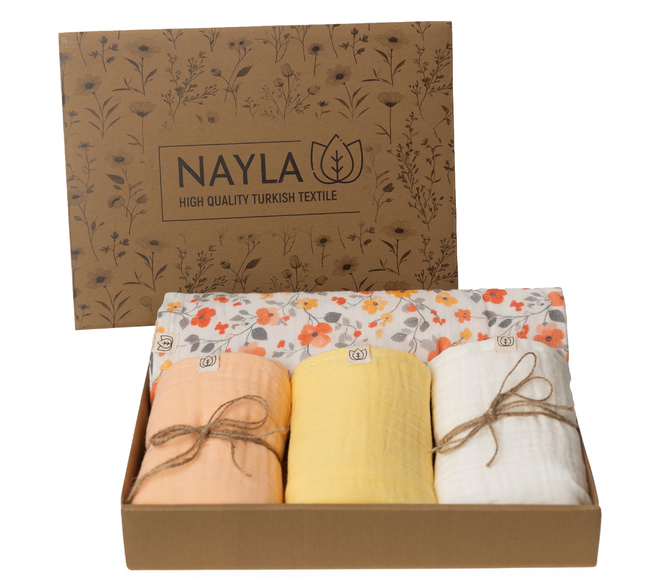 Nayla Muselinas Bebe Algodon 120x120 y 65x65-100% Organico con Gasas Grandes Suaves para Recién Nacido Muy Versátiles como Arrullo para Verano - Manta Ligera Color Amarillo Flores.