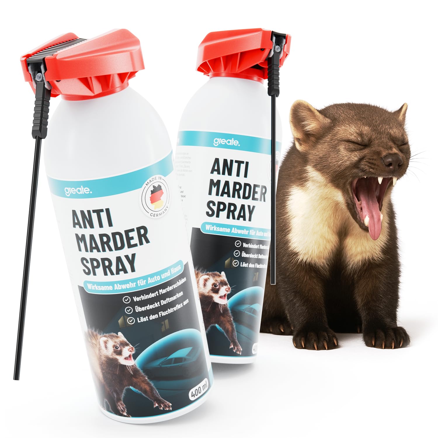 greate 2X Anti Marderspray mit hocheffektiver Formel wirkt sofort - Marderabwehr für Auto, Dachboden & Garage - Langzeit Mader Abwehr, 400ml - Anti Marder Spray in Deutschland entwickelt & produziert