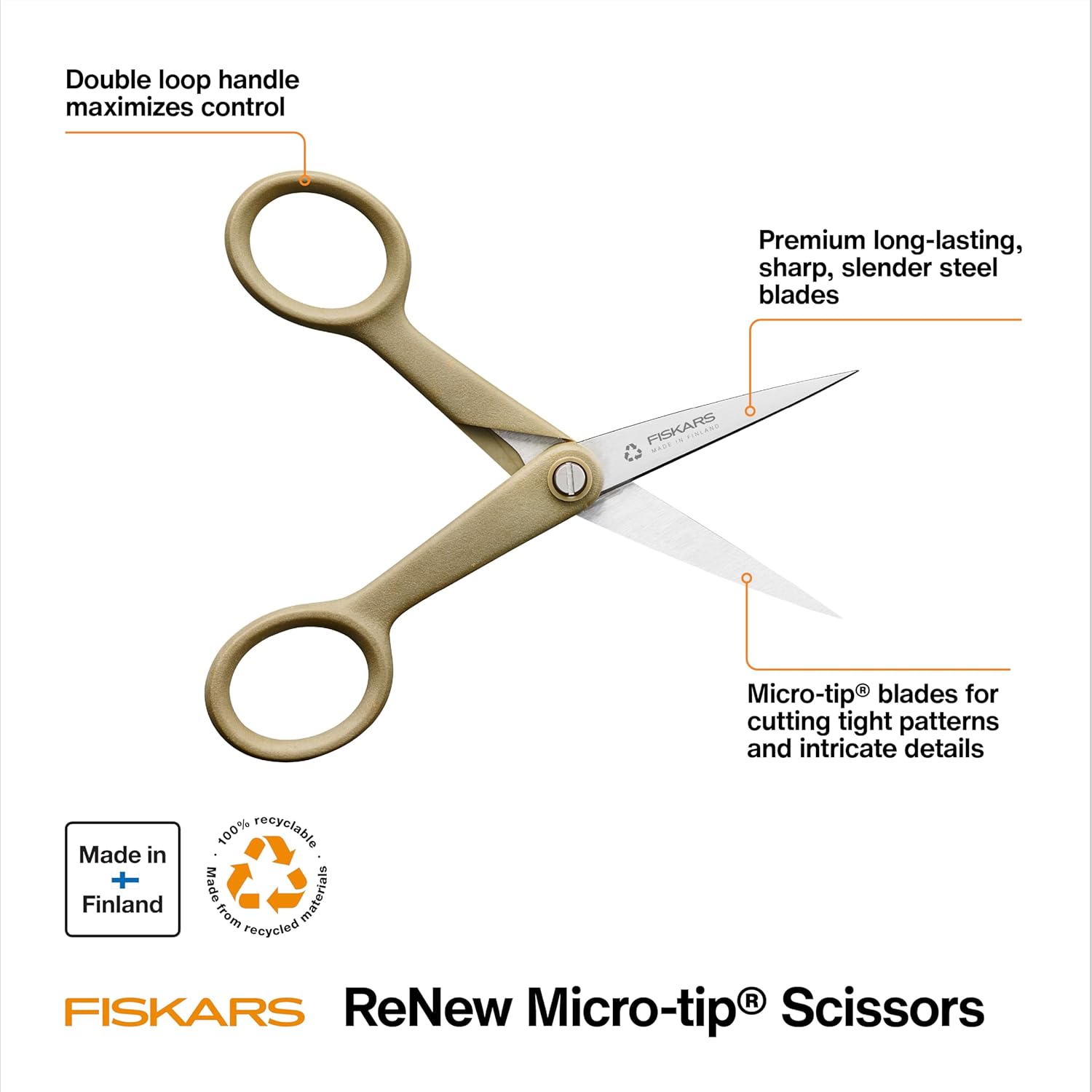 Fiskars 5" Recycled Micro-Tip Fabric Scissors - Sustainable, Sharp, Detail Craft Scissors for Embroidery and Sewing - Craft and Fabric Cutting - Beige