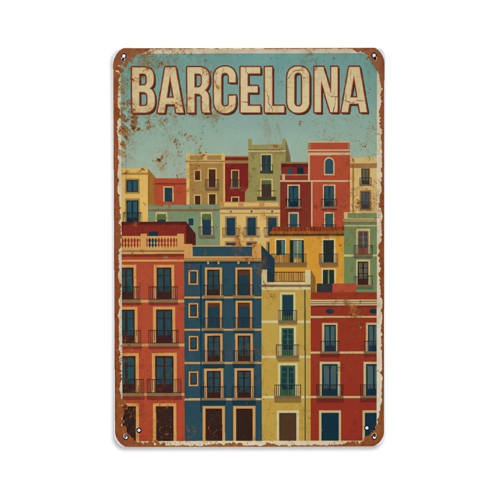 Vintage Travel Facades Spain Colorful Metal Tin Sign Plaque Wall Decor for Cafe, Club Bar, Office, Home Garden Metal Poster 8x12Inch